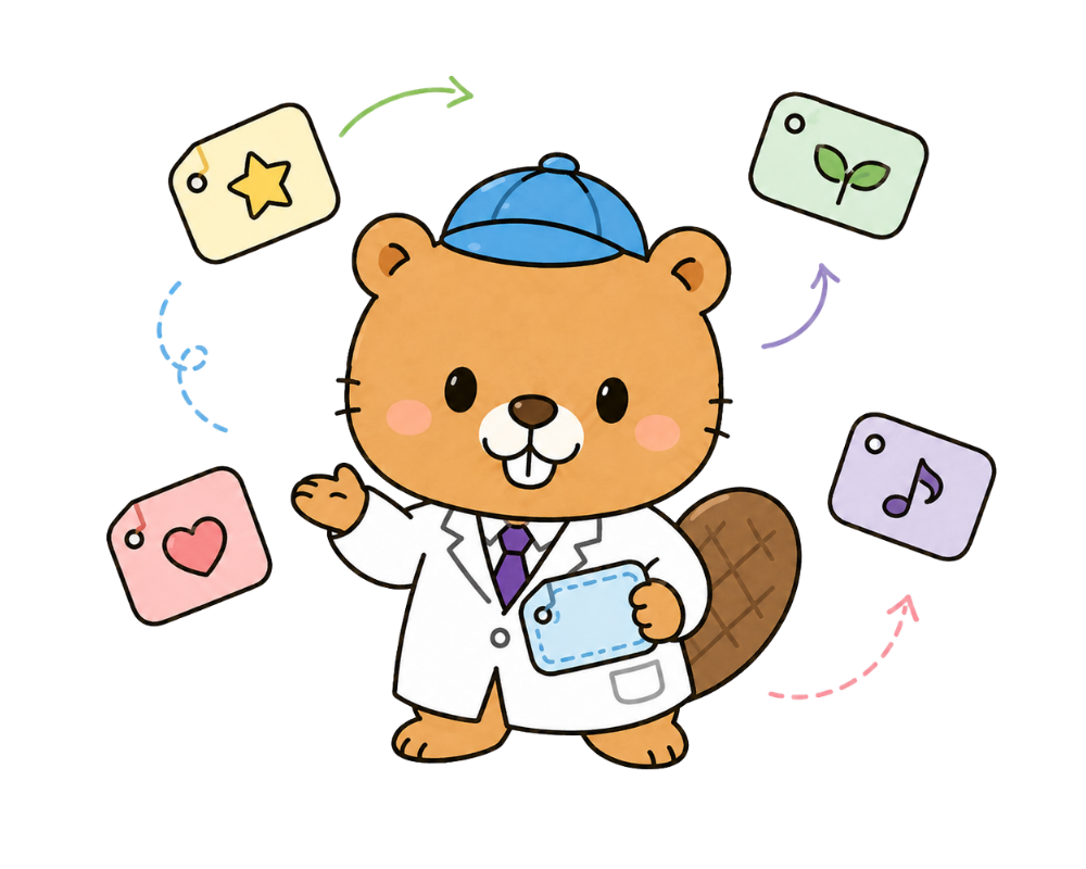 複数の可能性を示すカードを持つてきぱきビーバーのイラスト