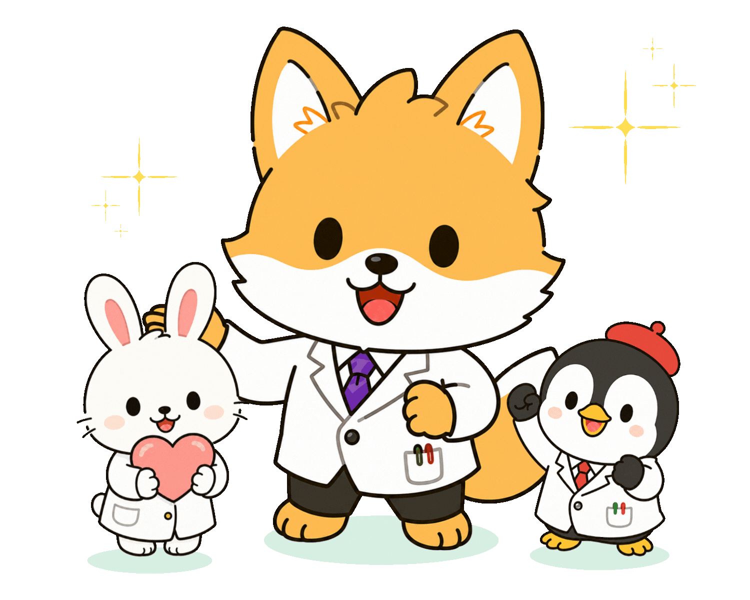ひらめきキツネ、よりそいウサギ、まなぶペンギンのファーストビューイラスト